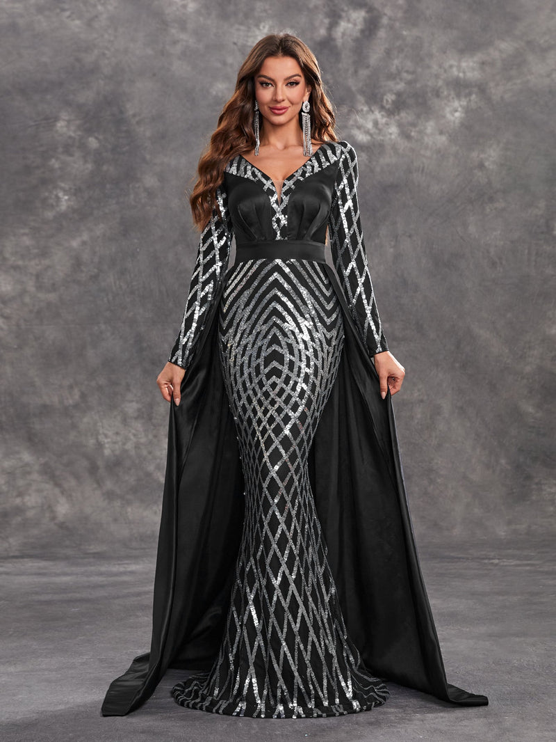 Yisikado Women's Party Dress With Sparkly Spider Web Pattern, Long Sleeve V Neck With Detachable Cape-SST2115