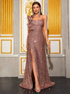 Yisikado Asymmetrical Neck Split Thigh Sequin Formal Dress-SST2106