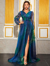 Yisikado Lantern Sleeve Split Thigh Glitter Prom Dress-SSN272