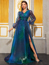 Yisikado Lantern Sleeve Split Thigh Glitter Prom Dress-SSN272