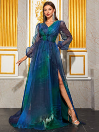 Yisikado Lantern Sleeve Split Thigh Glitter Prom Dress-SSN272