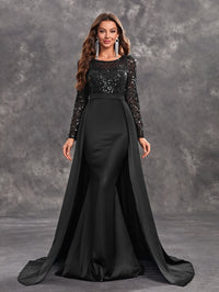 Yisikado Women's Sexy Black Evening Dress With Shiny Sequins, Long Sleeves And Round Neck-SSW5205