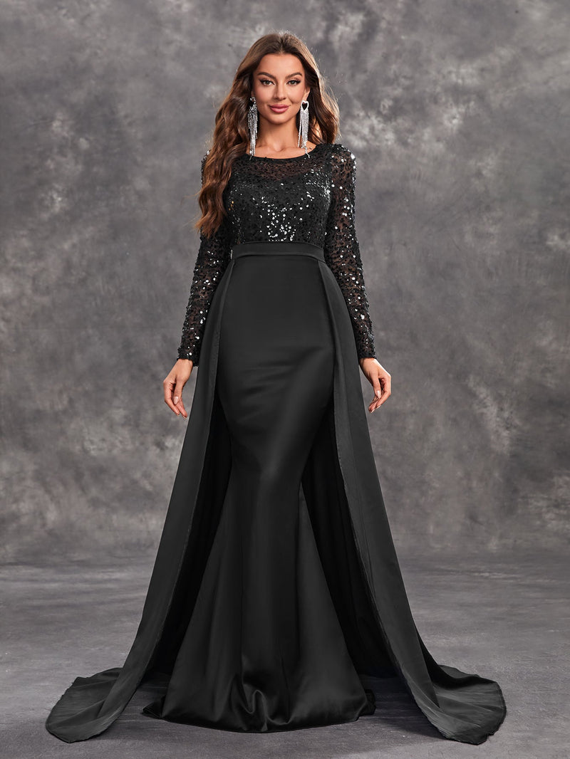 Yisikado Women's Sexy Black Evening Dress With Shiny Sequins, Long Sleeves And Round Neck-SSW5205