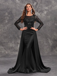 Yisikado Women's Sexy Black Evening Dress With Shiny Sequins, Long Sleeves And Round Neck-SSW5205