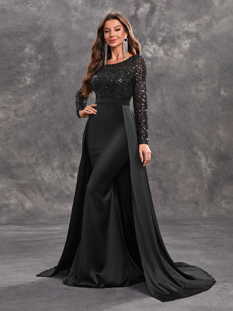 Yisikado Women's Sexy Black Evening Dress With Shiny Sequins, Long Sleeves And Round Neck-SSW5205