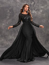 Yisikado Women's Sexy Black Evening Dress With Shiny Sequins, Long Sleeves And Round Neck-SSW5205