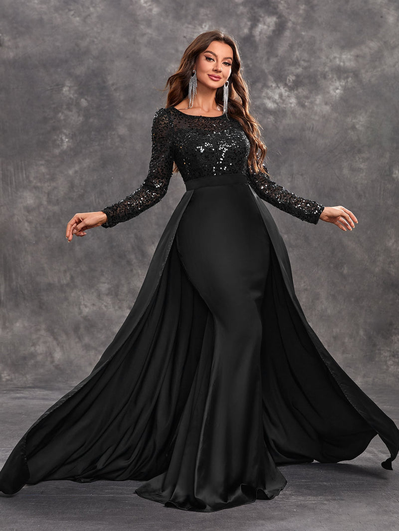 Yisikado Women's Sexy Black Evening Dress With Shiny Sequins, Long Sleeves And Round Neck-SSW5205