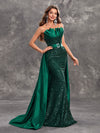 Giffniseti Women's Glitter Strapless Colorblock Sequin Satin Cape Elegant Party Evening Dress-MGT1215