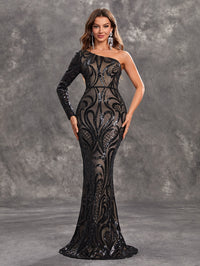 Giffniseti Women's Party Mermaid Gown With Sequin One Shoulder Floral Embroidery Mesh Elegant And Sexy Evening Dress-MGN948