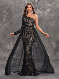 Giffniseti Women's Party Mermaid Gown With Sequin One Shoulder Floral Embroidery Mesh Elegant And Sexy Evening Dress-MGN948