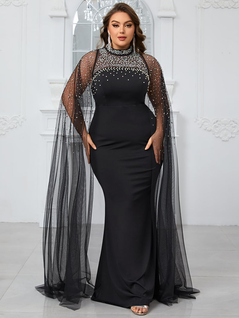 Giffniseti Women's Plus Size Evening Party Dress With Half High Neck, Beaded Rhinestone Embellishment, Slim Fit, Elegant Ball Gown-FSSN261