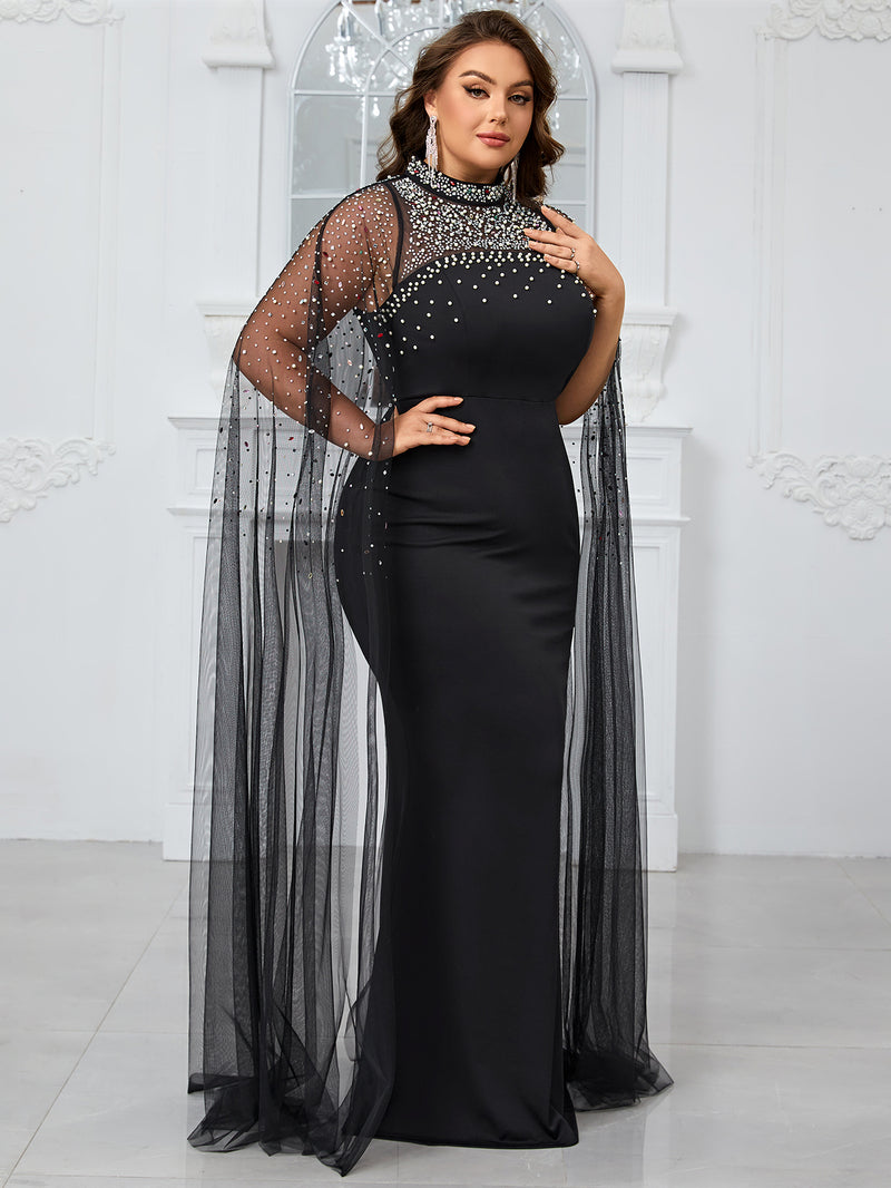 Giffniseti Women's Plus Size Evening Party Dress With Half High Neck, Beaded Rhinestone Embellishment, Slim Fit, Elegant Ball Gown-FSSN261