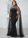 Giffniseti Women's Plus Size Evening Party Dress With Half High Neck, Beaded Rhinestone Embellishment, Slim Fit, Elegant Ball Gown-FSSN261