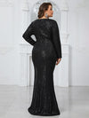 Yisikado Plus Size Sequined Deep V-Neck Long Sleeve Slit Party Evening Dress-FMGN1105