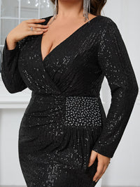 Yisikado Plus Size Sequined Deep V-Neck Long Sleeve Slit Party Evening Dress-FMGN1105