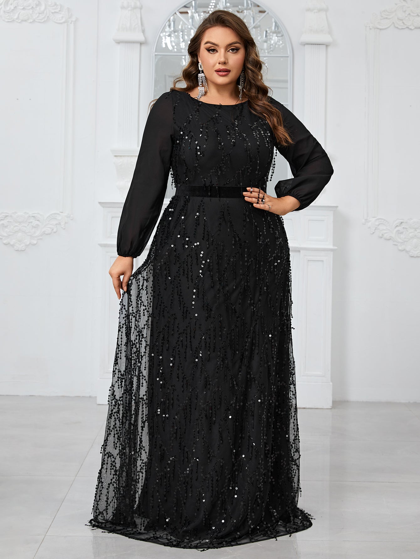 hue day to evening☆VOLUME SLEEB DRESS Yisikado Women's Plus Size Sparkly Lantern Sleeve Round Neck