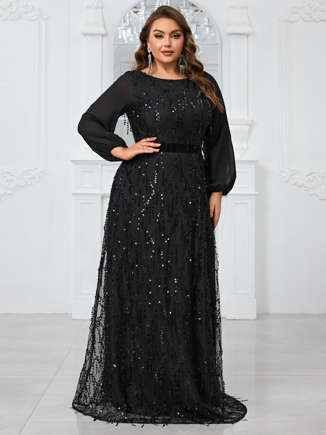 Yisikado Women's Plus Size Sparkly Lantern Sleeve Round Neck