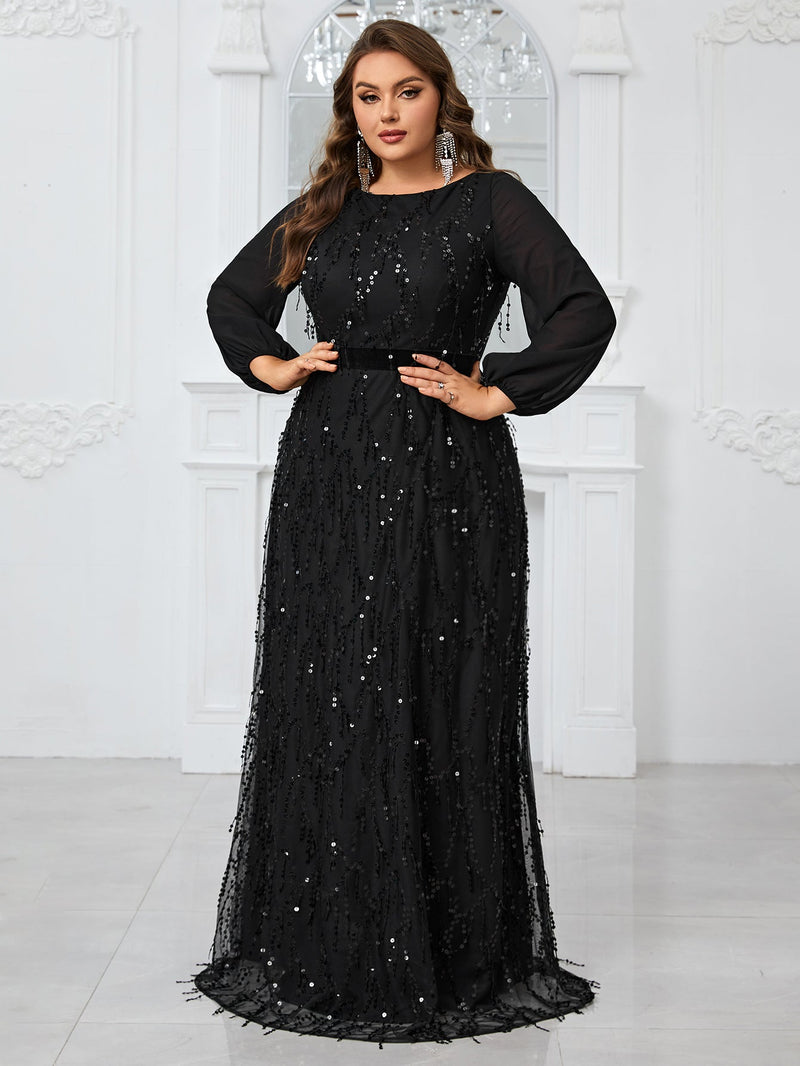 Yisikado Women's Plus Size Sparkly Lantern Sleeve Round Neck Party Evening Dress For Dancing Party-FMGW1077