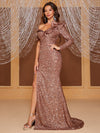 Yisikado Asymmetrical Neck Split Thigh Sequin Formal Dress-MGT894