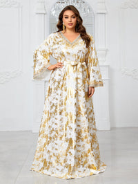 Yisikado Large Plus Size Party Evening Dress With V-Neck, Embroidery And Lace Details, Long Sleeve, Including Waistband-FGLT20120