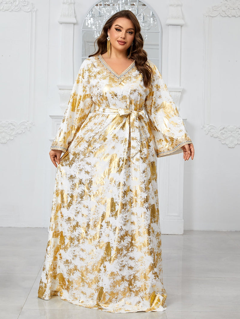 Yisikado Large Plus Size Party Evening Dress With V-Neck, Embroidery And Lace Details, Long Sleeve, Including Waistband-FGLT20120