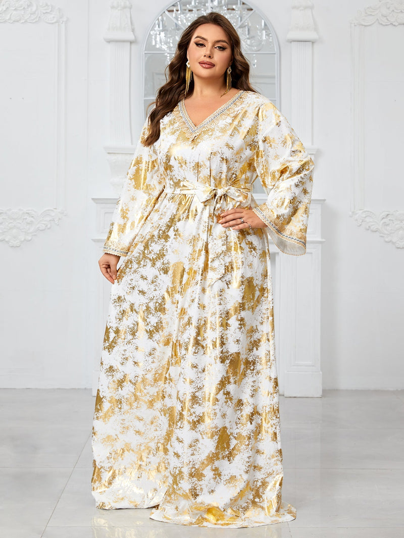 Yisikado Large Plus Size Party Evening Dress With V-Neck, Embroidery And Lace Details, Long Sleeve, Including Waistband-FGLT20120