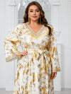 Yisikado Large Plus Size Party Evening Dress With V-Neck, Embroidery And Lace Details, Long Sleeve, Including Waistband-FGLT20120