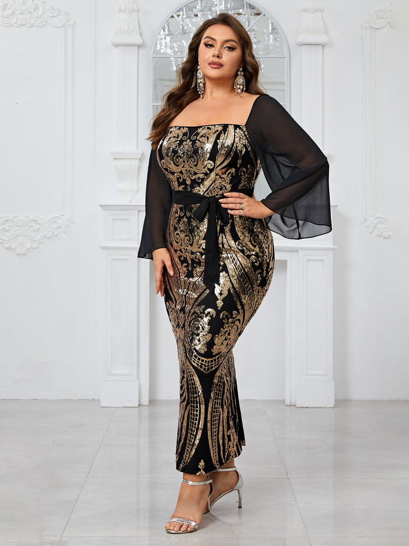 Yisikado Women'S Plus Size Mesh Splice Glitter Belted Party Evening Cocktail Dress-FMGT1090