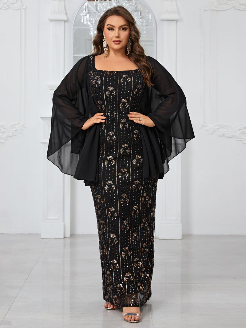 Yisikado Plus Size Printed Square Neck Cape Sleeve Party Evening Dress For Prom-FPS472