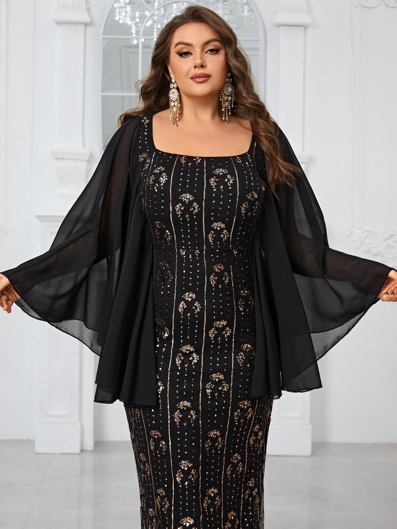 Yisikado Plus Size Printed Square Neck Cape Sleeve Party Evening Dress For Prom-FPS472