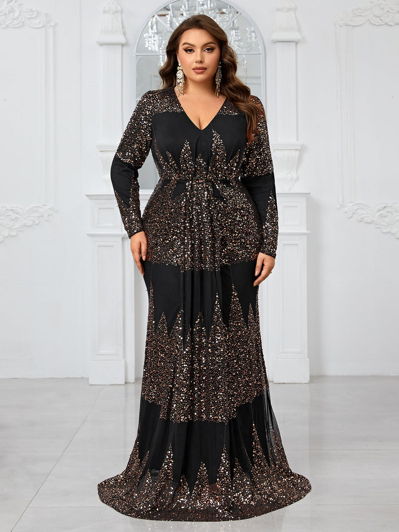 Yisikado Plus Size Random Glitter Patterned Long Sleeve Evening Party Maxi Dress-FSSX9038