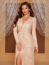 Yisikado Twist Front Split Thigh Sequin Party Dress-SST2083