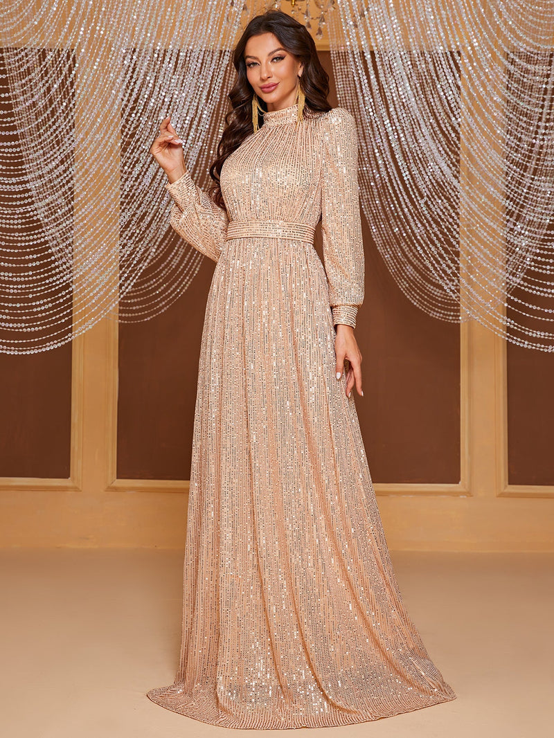 Yisikado Mock Neck Lantern Sleeve Sequin Formal Dress-MGT819