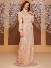 Yisikado Mock Neck Lantern Sleeve Sequin Formal Dress-MGT819