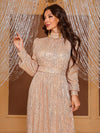 Yisikado Mock Neck Lantern Sleeve Sequin Formal Dress-MGT819