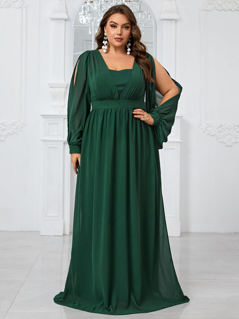 Yisikado Women'S Plus Size Chiffon Dress With Waist Tie, Slit Sleeves And Pleats For Autumn Evening Party-FMG1070