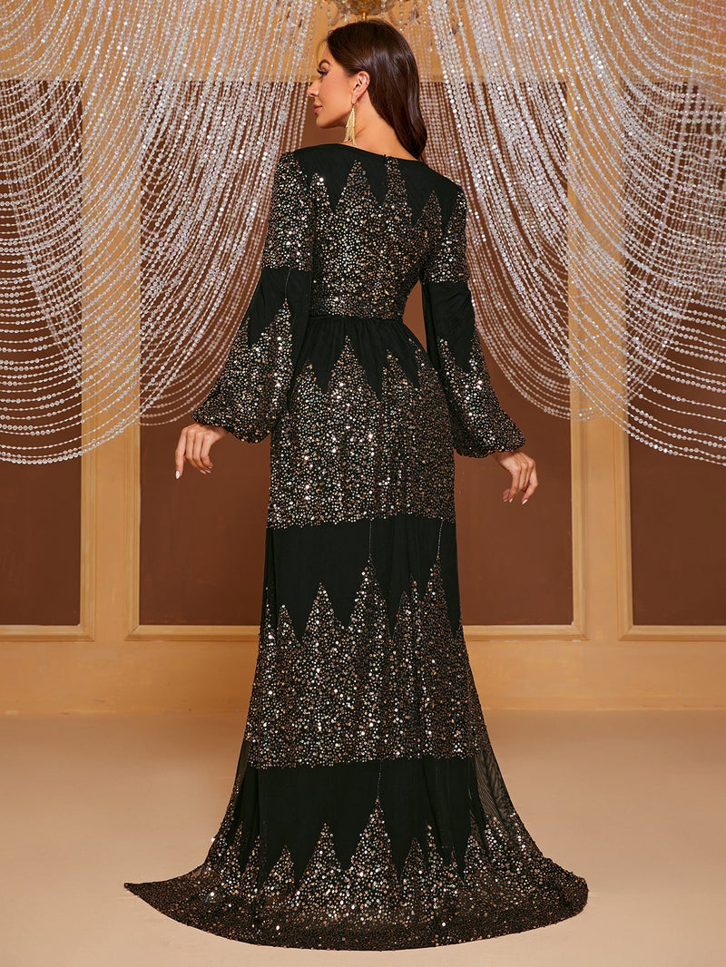 Yisikado Plunging Neck Lantern Sleeve Split Thigh Sequin Formal Dress-MG668-1