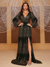 Yisikado Plunging Neck Lantern Sleeve Split Thigh Sequin Formal Dress-MG668-1