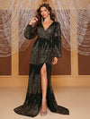 Yisikado Plunging Neck Lantern Sleeve Split Thigh Sequin Formal Dress-MG668-1