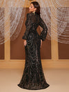 Yisikado Mock Neck Lantern Sleeve Sequin Mermaid Hem Sequin Formal Dress-MGW905