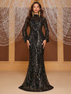 Yisikado Mock Neck Lantern Sleeve Sequin Mermaid Hem Sequin Formal Dress-MGW905