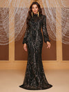 Yisikado Mock Neck Lantern Sleeve Sequin Mermaid Hem Sequin Formal Dress-MGW905