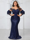 Yisikado Plus Size Women'S Cocktail Party Evening Dress With Sparkling Sequins, Nude Mesh Lace, Long Sleeves And Elegant Tail-FSST2113