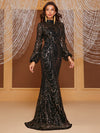 Yisikado Mock Neck Lantern Sleeve Sequin Mermaid Hem Sequin Formal Dress-MGW905