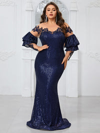 Yisikado Plus Size Women'S Cocktail Party Evening Dress With Sparkling Sequins, Nude Mesh Lace, Long Sleeves And Elegant Tail-FSST2113