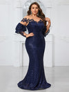 Yisikado Plus Size Women'S Cocktail Party Evening Dress With Sparkling Sequins, Nude Mesh Lace, Long Sleeves And Elegant Tail-FSST2113