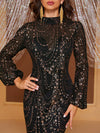 Yisikado Mock Neck Lantern Sleeve Sequin Mermaid Hem Sequin Formal Dress-MGW905