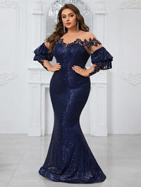 Yisikado Plus Size Women'S Cocktail Party Evening Dress With Sparkling Sequins, Nude Mesh Lace, Long Sleeves And Elegant Tail-FSST2113