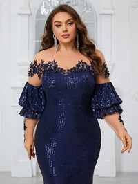 Yisikado Plus Size Women'S Cocktail Party Evening Dress With Sparkling Sequins, Nude Mesh Lace, Long Sleeves And Elegant Tail-FSST2113