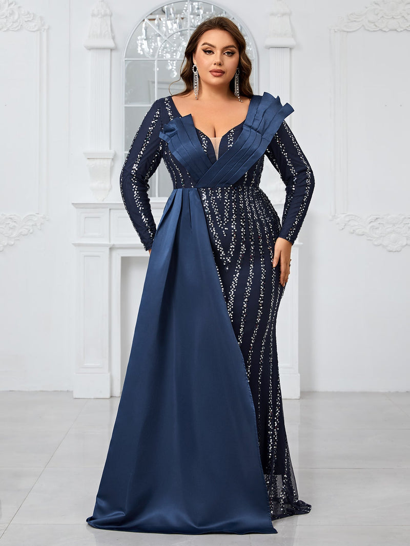 Yisikado Plus Size Women's Elegant And Sexy Slim Fit Dress With Long Sleeves, Sparkling Sequin Decor And 3d Structure Design-FMGN765